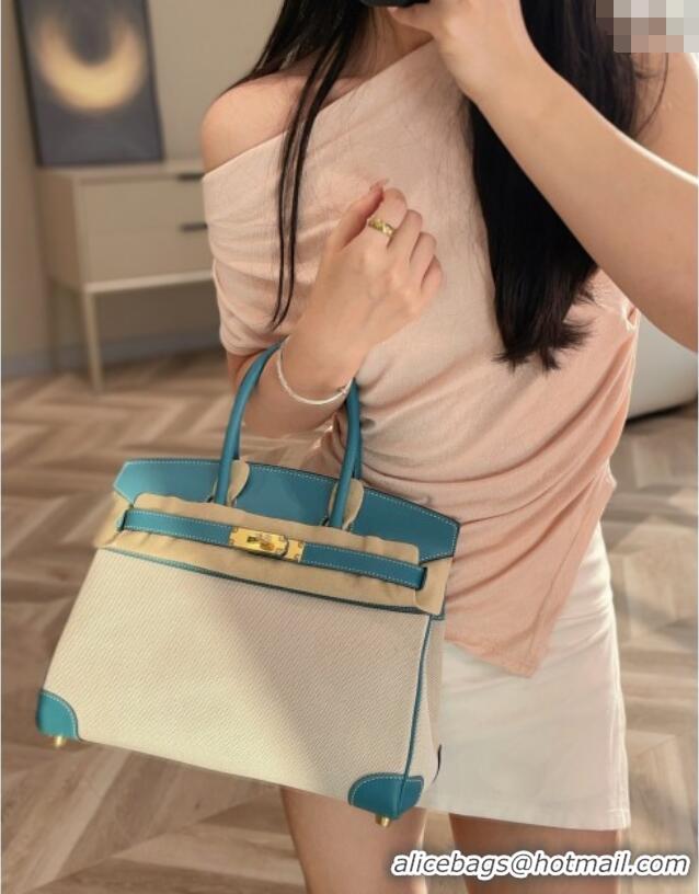 Top Design Hermes Birkin 30cm Bag in Canvas and Swift Calfskin with Gold Hardware H1069 Denim Blue/Cream White 2025 (Hal