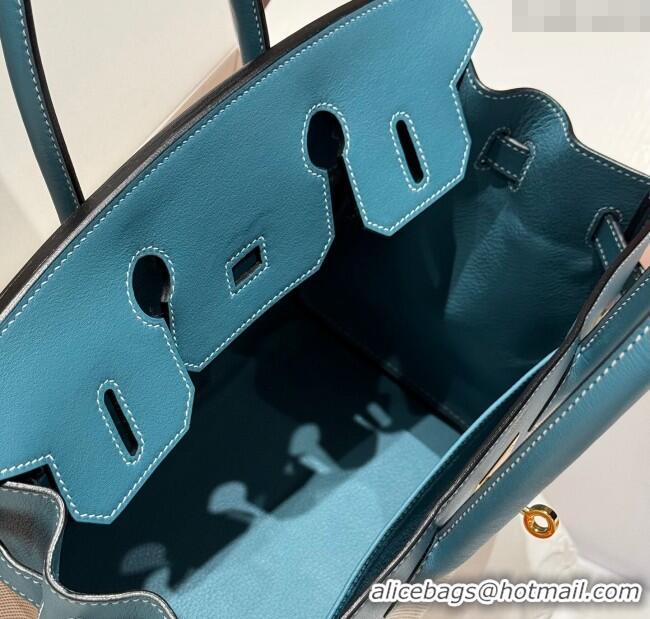 Top Design Hermes Birkin 30cm Bag in Canvas and Swift Calfskin with Gold Hardware H1069 Denim Blue/Cream White 2025 (Hal