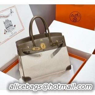Buy Grade Hermes Birkin 30cm Bag in Canvas and Swift Calfskin with Gold Hardware H1069 Elephant Grey 2025 (Half Handmade