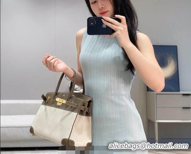 Buy Grade Hermes Birkin 30cm Bag in Canvas and Swift Calfskin with Gold Hardware H1069 Elephant Grey 2025 (Half Handmade