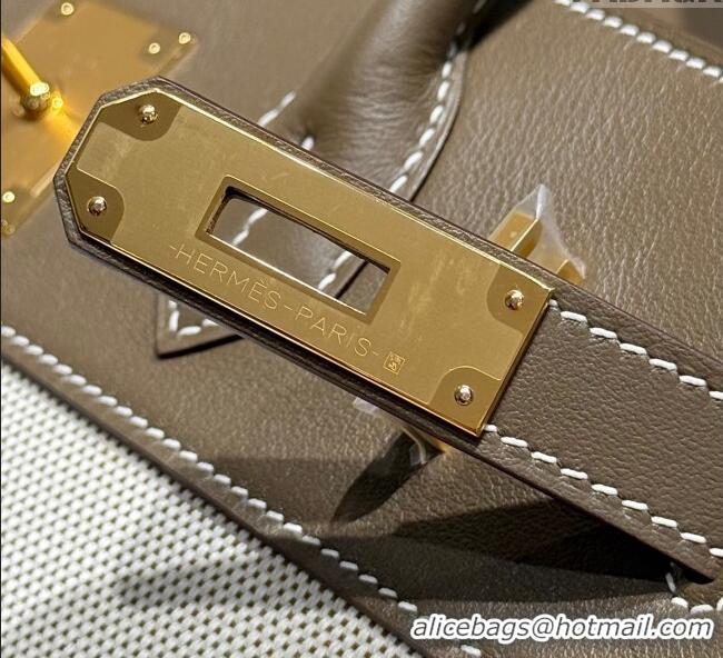 Buy Grade Hermes Birkin 30cm Bag in Canvas and Swift Calfskin with Gold Hardware H1069 Elephant Grey 2025 (Half Handmade