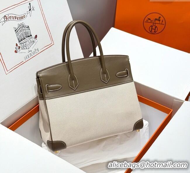 Buy Grade Hermes Birkin 30cm Bag in Canvas and Swift Calfskin with Gold Hardware H1069 Elephant Grey 2025 (Half Handmade