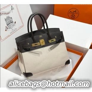 Popular Style Hermes Birkin 30cm Bag in Canvas and Swift Calfskin with Gold Hardware H1069 Ebony 2025 (Half Handmade)