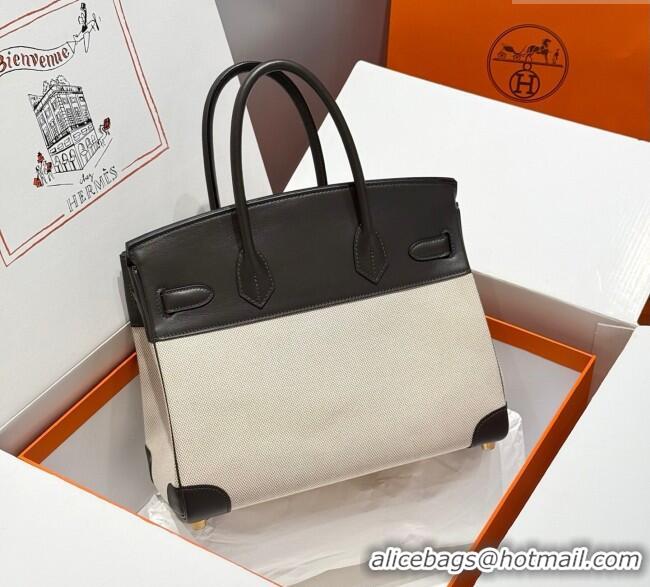 Popular Style Hermes Birkin 30cm Bag in Canvas and Swift Calfskin with Gold Hardware H1069 Ebony 2025 (Half Handmade)