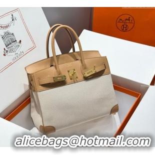 Shop Grade Hermes Birkin 30cm Bag in Canvas and Swift Calfskin with Gold Hardware H1069 Milk Tea Beige 2025 (Half Handma
