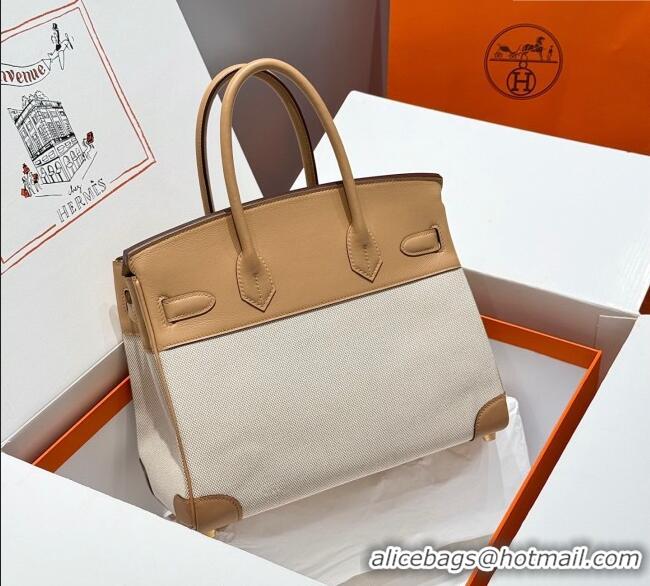 Shop Grade Hermes Birkin 30cm Bag in Canvas and Swift Calfskin with Gold Hardware H1069 Milk Tea Beige 2025 (Half Handma