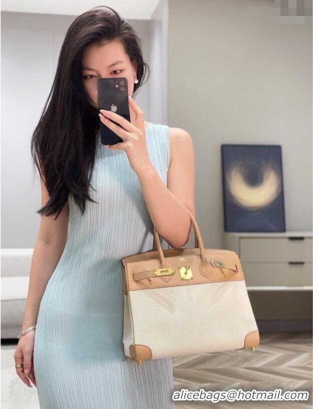 Shop Grade Hermes Birkin 30cm Bag in Canvas and Swift Calfskin with Gold Hardware H1069 Milk Tea Beige 2025 (Half Handma
