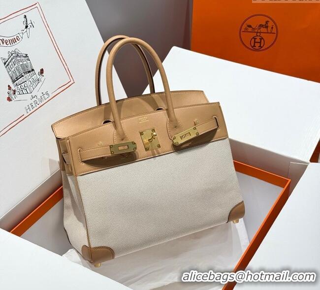Shop Grade Hermes Birkin 30cm Bag in Canvas and Swift Calfskin with Gold Hardware H1069 Milk Tea Beige 2025 (Half Handma