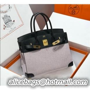 Promotional Hermes Birkin 30cm Bag in Waffle Pattern Canvas and Swift Calfskin with Gold Hardware H1069 Black/Pale Pink 