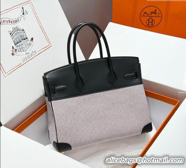 Promotional Hermes Birkin 30cm Bag in Waffle Pattern Canvas and Swift Calfskin with Gold Hardware H1069 Black/Pale Pink 