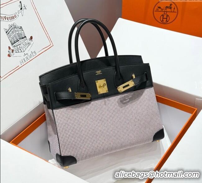 Promotional Hermes Birkin 30cm Bag in Waffle Pattern Canvas and Swift Calfskin with Gold Hardware H1069 Black/Pale Pink 