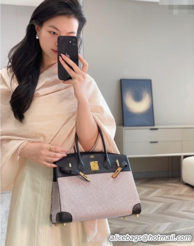 Promotional Hermes Birkin 30cm Bag in Waffle Pattern Canvas and Swift Calfskin with Gold Hardware H1069 Black/Pale Pink 