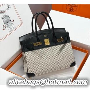Best Product Hermes Birkin 30cm Bag in Waffle Pattern Canvas and Swift Calfskin with Gold Hardware H1069 Black/White 202