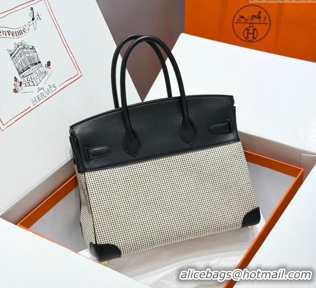 Best Product Hermes Birkin 30cm Bag in Waffle Pattern Canvas and Swift Calfskin with Gold Hardware H1069 Black/White 202