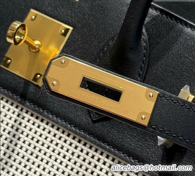 Best Product Hermes Birkin 30cm Bag in Waffle Pattern Canvas and Swift Calfskin with Gold Hardware H1069 Black/White 202