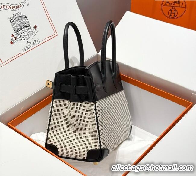 Best Product Hermes Birkin 30cm Bag in Waffle Pattern Canvas and Swift Calfskin with Gold Hardware H1069 Black/White 202