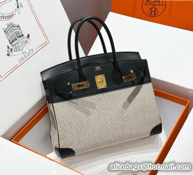 Best Product Hermes Birkin 30cm Bag in Waffle Pattern Canvas and Swift Calfskin with Gold Hardware H1069 Black/White 202
