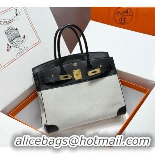Luxury Discount Hermes Birkin 30cm Bag in Canvas and Swift Calfskin Leather with Gold Hardware H1069 Black/White 2025 (H