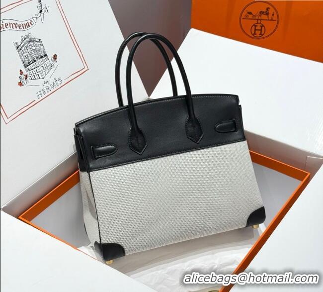 Luxury Discount Hermes Birkin 30cm Bag in Canvas and Swift Calfskin Leather with Gold Hardware H1069 Black/White 2025 (H
