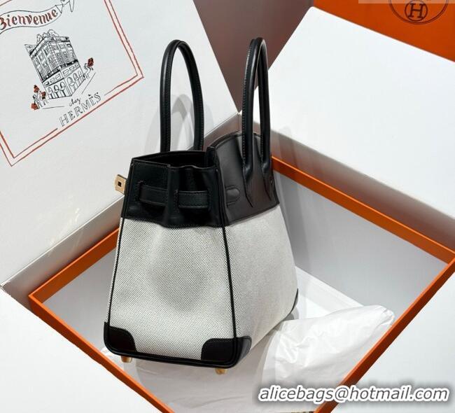 Luxury Discount Hermes Birkin 30cm Bag in Canvas and Swift Calfskin Leather with Gold Hardware H1069 Black/White 2025 (H