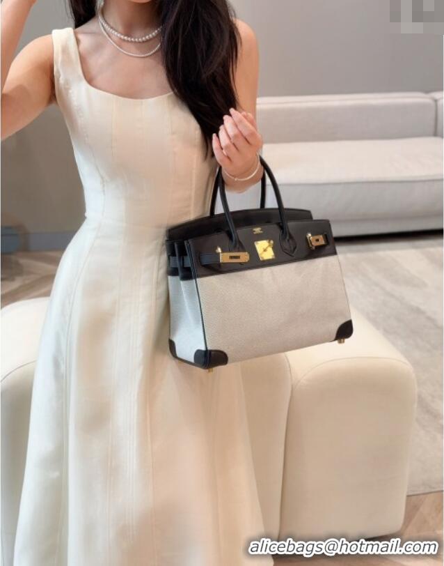 Luxury Discount Hermes Birkin 30cm Bag in Canvas and Swift Calfskin Leather with Gold Hardware H1069 Black/White 2025 (H