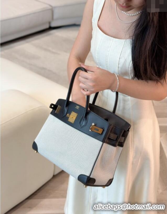 Luxury Discount Hermes Birkin 30cm Bag in Canvas and Swift Calfskin Leather with Gold Hardware H1069 Black/White 2025 (H
