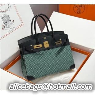 Best Price Hermes Birkin 30cm Bag in Waffle Pattern Canvas and Swift Calfskin with Gold Hardware H1069 Black/Green 2025 