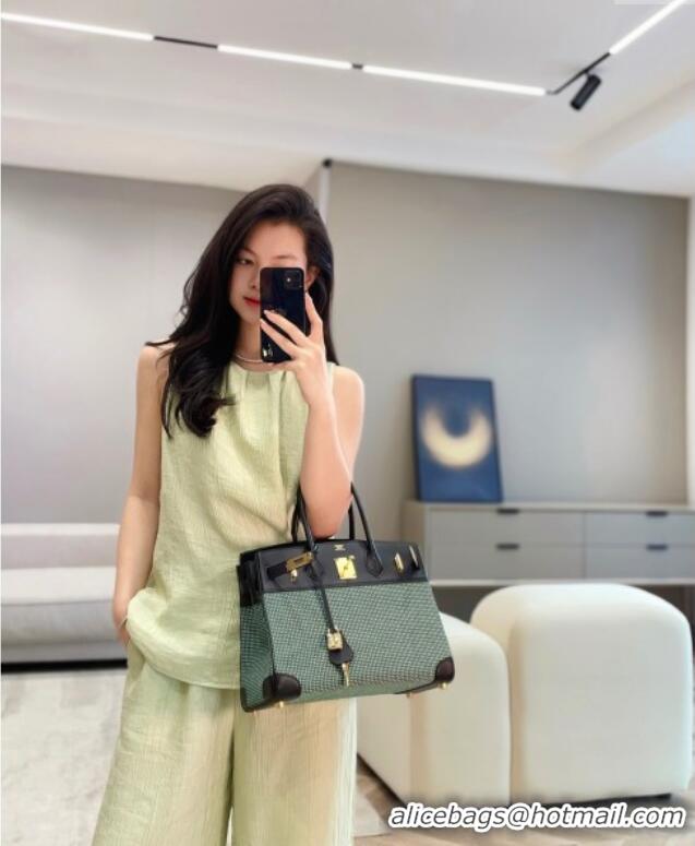 Best Price Hermes Birkin 30cm Bag in Waffle Pattern Canvas and Swift Calfskin with Gold Hardware H1069 Black/Green 2025 