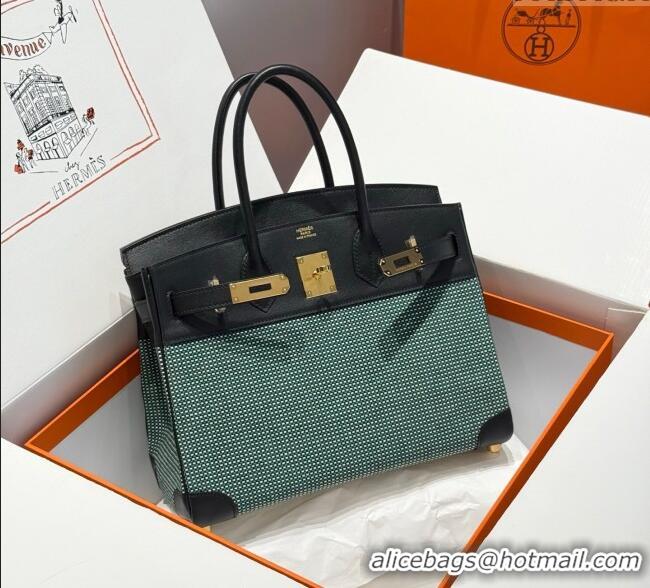 Best Price Hermes Birkin 30cm Bag in Waffle Pattern Canvas and Swift Calfskin with Gold Hardware H1069 Black/Green 2025 