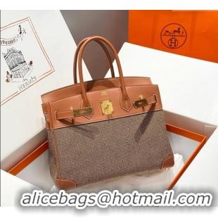 Free Shipping Hermes Birkin 30cm Bag in Waffle Pattern Canvas and Swift Calfskin with Gold Hardware H1069 Brown 2025 (Ha