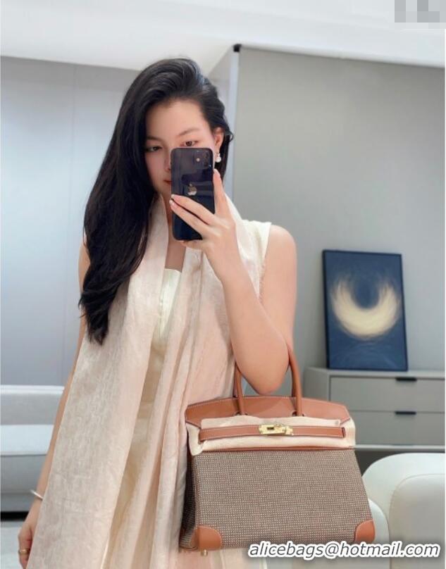Free Shipping Hermes Birkin 30cm Bag in Waffle Pattern Canvas and Swift Calfskin with Gold Hardware H1069 Brown 2025 (Ha