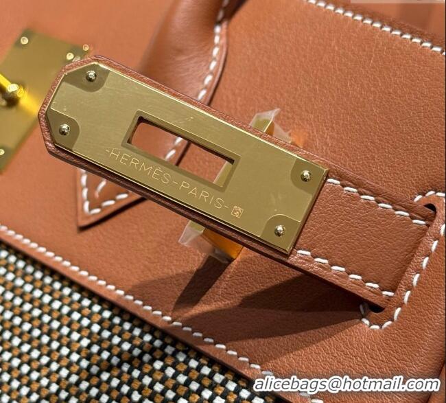 Free Shipping Hermes Birkin 30cm Bag in Waffle Pattern Canvas and Swift Calfskin with Gold Hardware H1069 Brown 2025 (Ha