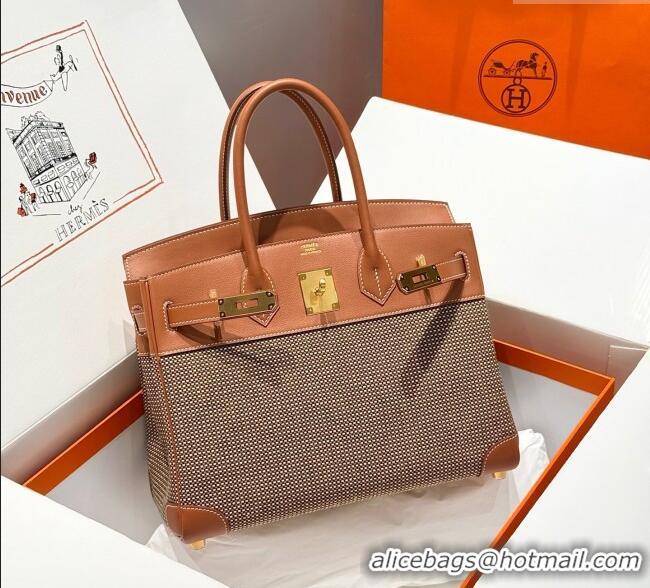 Free Shipping Hermes Birkin 30cm Bag in Waffle Pattern Canvas and Swift Calfskin with Gold Hardware H1069 Brown 2025 (Ha