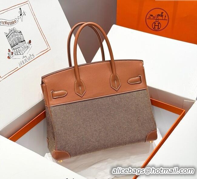 Free Shipping Hermes Birkin 30cm Bag in Waffle Pattern Canvas and Swift Calfskin with Gold Hardware H1069 Brown 2025 (Ha