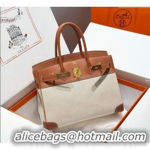 Top Grade Hermes Birkin 30cm Bag in Canvas and Swift Calfskin with Gold Hardware H1069 Brown/White 2025 (Half Handmade)