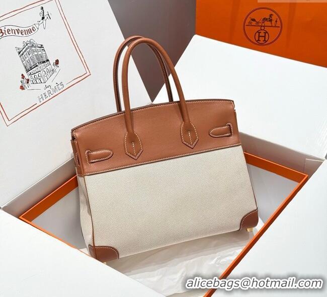 Top Grade Hermes Birkin 30cm Bag in Canvas and Swift Calfskin with Gold Hardware H1069 Brown/White 2025 (Half Handmade)