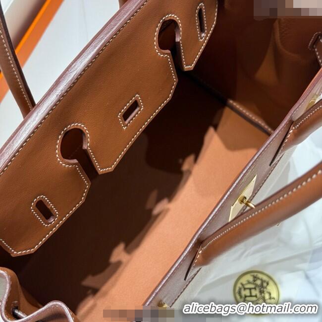 Top Grade Hermes Birkin 30cm Bag in Canvas and Swift Calfskin with Gold Hardware H1069 Brown/White 2025 (Half Handmade)