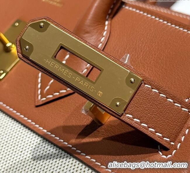 Top Grade Hermes Birkin 30cm Bag in Canvas and Swift Calfskin with Gold Hardware H1069 Brown/White 2025 (Half Handmade)