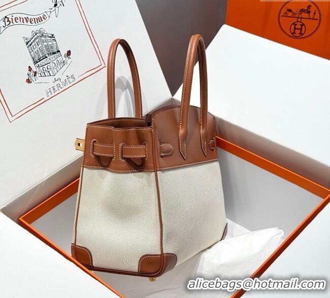 Top Grade Hermes Birkin 30cm Bag in Canvas and Swift Calfskin with Gold Hardware H1069 Brown/White 2025 (Half Handmade)