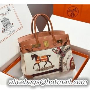 Luxury Cheap Hermes Birkin 30cm Bag in Printed Canvas and Swift Calfskin with Gold Hardware H1070 Brown 2025 (Half Handm