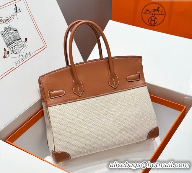 Luxury Cheap Hermes Birkin 30cm Bag in Printed Canvas and Swift Calfskin with Gold Hardware H1070 Brown 2025 (Half Handm