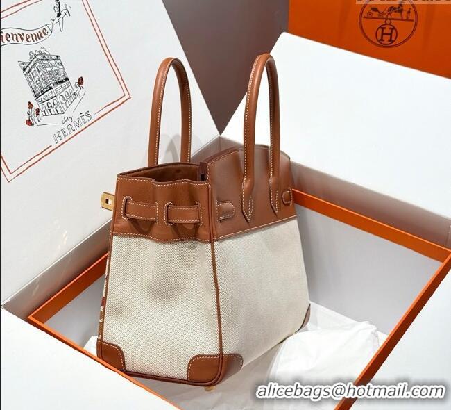 Luxury Cheap Hermes Birkin 30cm Bag in Printed Canvas and Swift Calfskin with Gold Hardware H1070 Brown 2025 (Half Handm