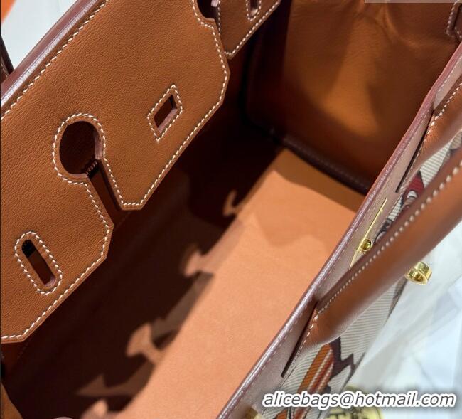 Luxury Cheap Hermes Birkin 30cm Bag in Printed Canvas and Swift Calfskin with Gold Hardware H1070 Brown 2025 (Half Handm