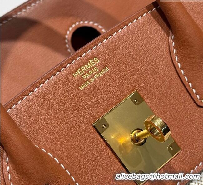 Luxury Cheap Hermes Birkin 30cm Bag in Printed Canvas and Swift Calfskin with Gold Hardware H1070 Brown 2025 (Half Handm