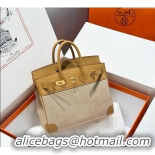 Grade Design Hermes Birkin 25cm Bag in Waffle Pattern Canvas and Swift Calfskin with Gold Hardware H1083 Milk Tea Beige 