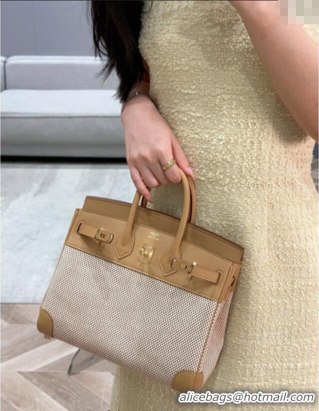 Grade Design Hermes Birkin 25cm Bag in Waffle Pattern Canvas and Swift Calfskin with Gold Hardware H1083 Milk Tea Beige 