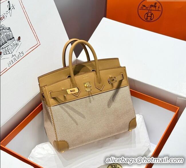 Grade Design Hermes Birkin 25cm Bag in Waffle Pattern Canvas and Swift Calfskin with Gold Hardware H1083 Milk Tea Beige 