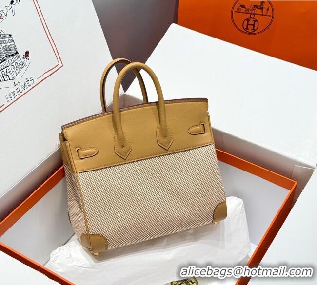 Grade Design Hermes Birkin 25cm Bag in Waffle Pattern Canvas and Swift Calfskin with Gold Hardware H1083 Milk Tea Beige 