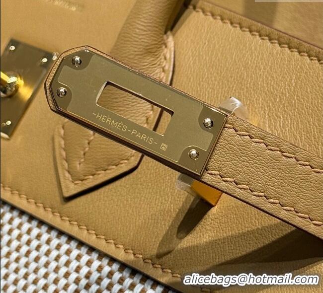 Grade Design Hermes Birkin 25cm Bag in Waffle Pattern Canvas and Swift Calfskin with Gold Hardware H1083 Milk Tea Beige 