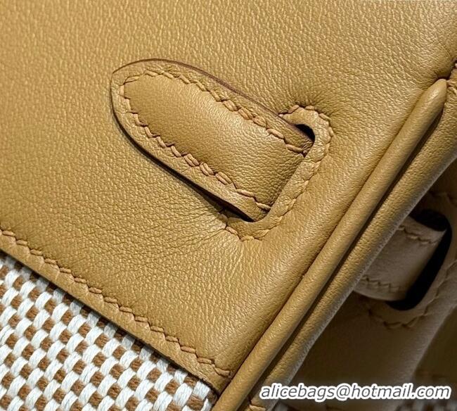 Grade Design Hermes Birkin 25cm Bag in Waffle Pattern Canvas and Swift Calfskin with Gold Hardware H1083 Milk Tea Beige 